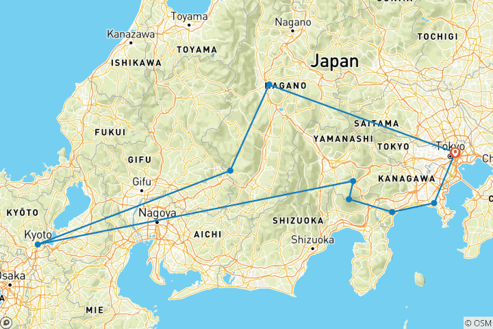 Karte von Ecken von Japan mit dem Berg Fuji (9 Destinationen)