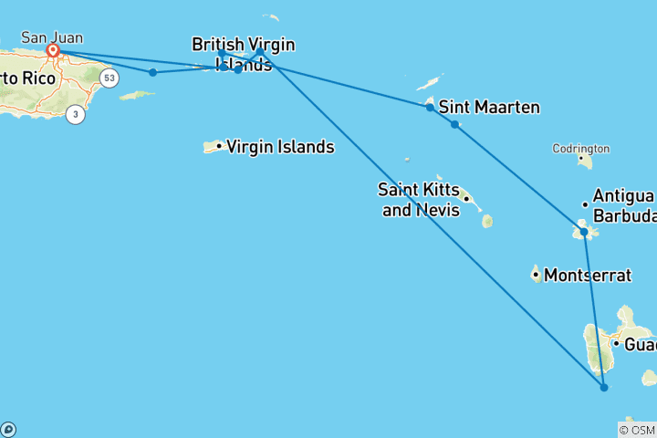 Map of Discover the yachting islands of the Caribbean 2026 - 15 Days (22 destinations)