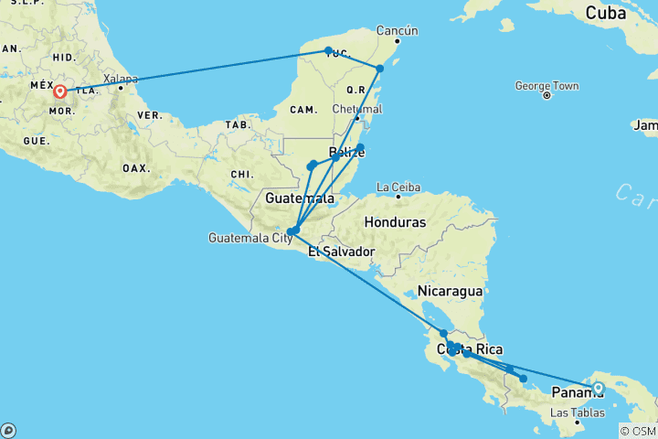 Kaart van Rondreizen door Midden-Amerika: Pura Vida van de Maya's naar de zee