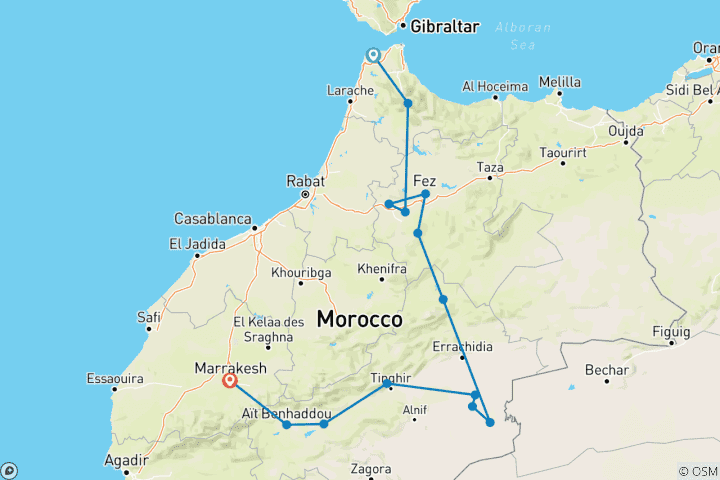 Carte du circuit 6 jours d'excursion dans le désert de Tanger à Marrakech