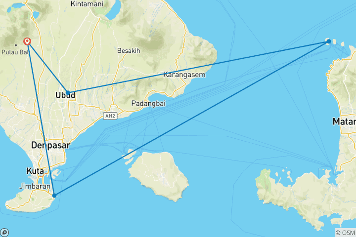 Carte du circuit 8 jours Bali - Ubud, Gili Trawangan et découverte du sud de Bali
