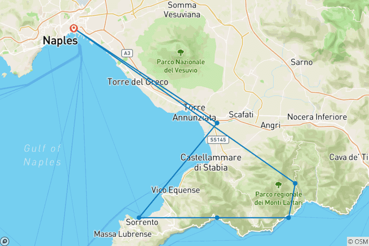 Map of South Italy: Naples, Positano, Pompeii, Sorrento, Amalfi Coast - 6 Days