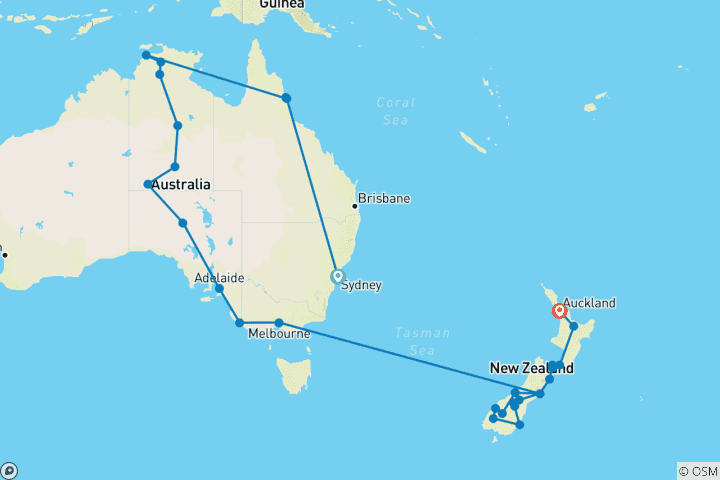 Karte von Australien & Neuseeland - 34 Tage am anderen Ende der Welt