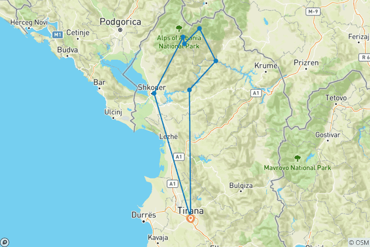 Map of Albania 6 Day Hike Tour
