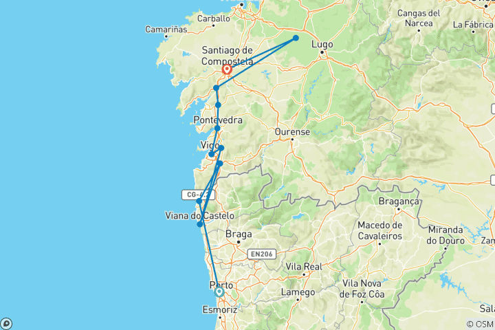 Map of Walking the Portuguese Camino (- Coruna Airport)