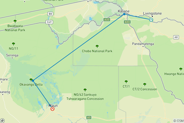 Kaart van 9 Dagen - Victoria Watervallen en Botswana Safari