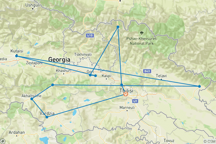 Carte du circuit Géorgie 2026 - Circuit culturel et panoramique de 8 jours à Tbilissi, Kazbegi, Kakheti et Vardzia
