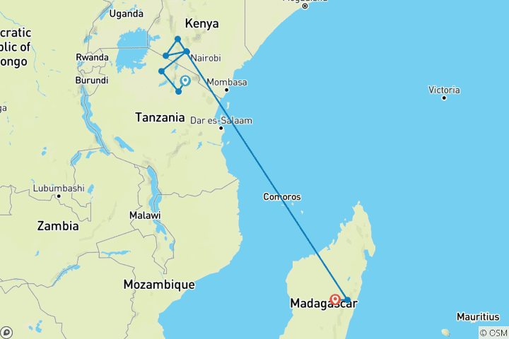 Kaart van 17 Dagen Het beste van Tanzania, Kenia en Madagaskar