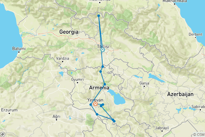Mapa de Viaje de 9 días a Georgia y Armenia - Tiflis, Kazbegi, Ereván y antiguos monasterios