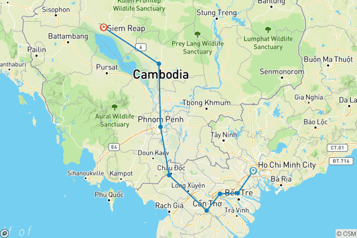 Karte von Vietnam & Kambodscha - geführte E-Bike Reise (14 Tage)