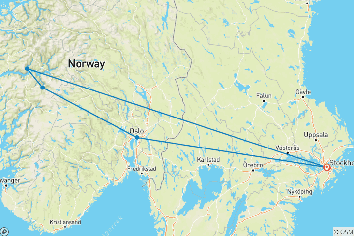 Kaart van Magie van de Fjorden Stockholm naar Bergen - 9 dagen