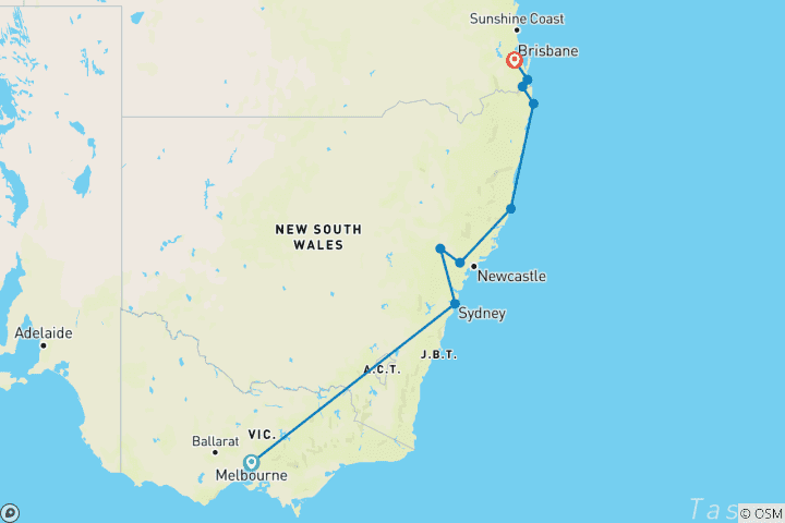 Carte du circuit Aventure de Melbourne à Brisbane