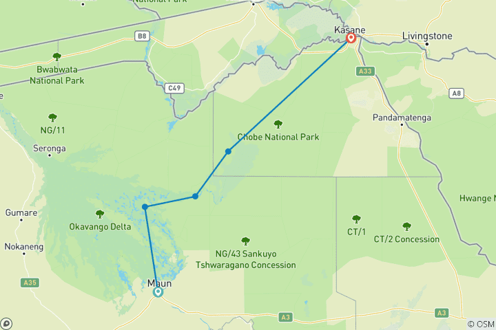 Carte du circuit Piste sauvage du Botswana : 8 jours de safari à Moremi, Savuti et Chobe