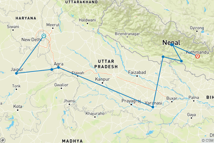 Carte du circuit Points forts du nord de l'Inde et du Népal