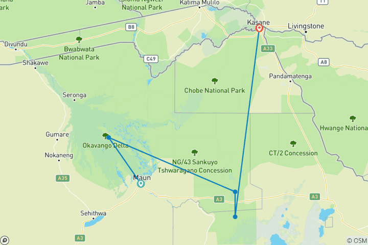 Kaart van Expeditie Vogels & Wildernissafari: 12-daags avontuur in Botswana