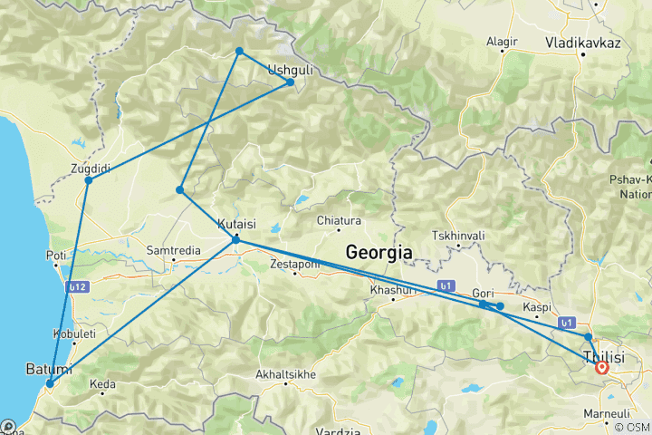 Carte du circuit Circuit de 11 jours en Géorgie authentique : Tbilissi, Kutaisi, Svaneti, Batumi et les trésors de l'UNESCO