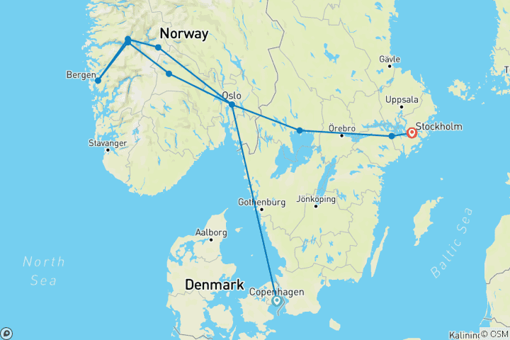 Kaart van Scandinavische charmes: Denemarken, Noorwegen en Zweden - 11 DAGEN