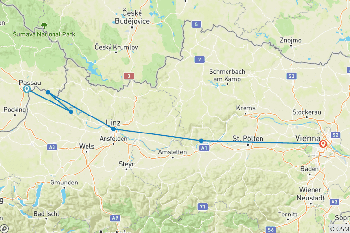 Carte du circuit Piste cyclable du Danube - de Passau à Vienne en demi-puissance