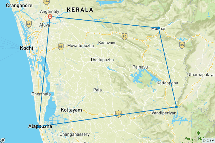 Carte du circuit Cochin : 5 jours d'excursion au Kerala avec bateau à moteur et animaux sauvages