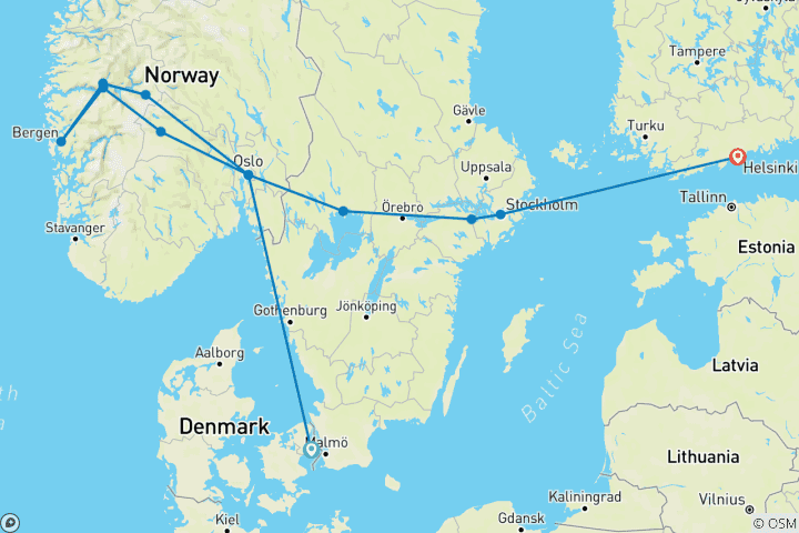 Kaart van Noordse legendes & Helsinki: Hoofdsteden en Fjorden - 13 DAGEN/12 NACHTEN