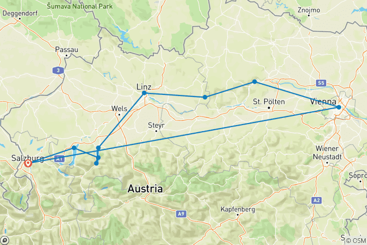 Kaart van Salzburg - Wenen - Van het Salzkammergut naar de Donau-fietsroute (8 dagen)