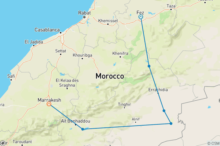 Kaart van 4 Daagse Tour van Fes naar Marrakech via de Merzouga-woestijn
