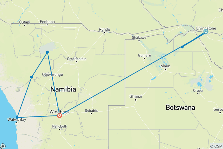 Carte du circuit Circuit de 15 jours avec le meilleur de la Zambie, du Botswana (Chobe), du Zimbabwe (Zambèze) et de la Namibie (Etosha) - Aventure dans le désert et la vie sauvage