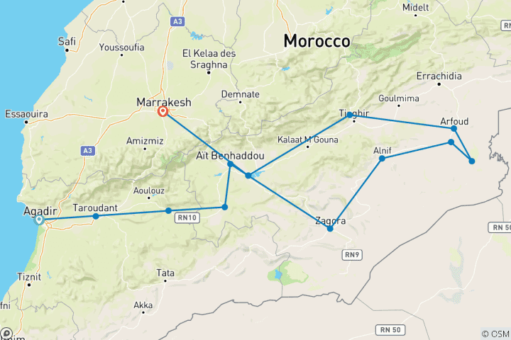 Karte von 4-tägige private Wüstentour von Agadir nach Marrakech