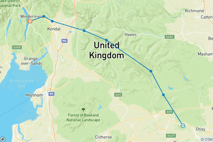 Mapa de Recorre la Ruta de los Dales (de Ilkley a Bowness en Windermere) (10 días)