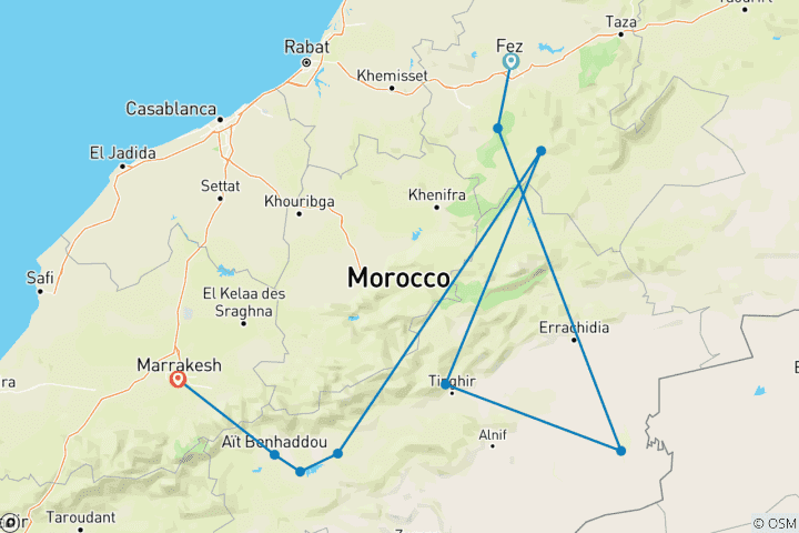 Kaart van 4 Daagse woestijntour van Fes naar Marrakech