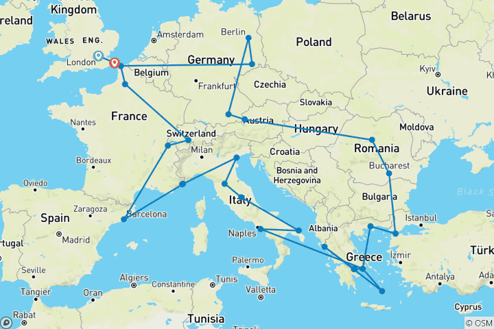 Kaart van Ultieme Europeaan (Plus Griekse eilanden, Start Parijs)