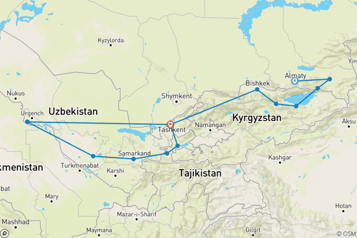 Map of Four Stans Odyssey: Through the Heart of Central Asia (18 days)