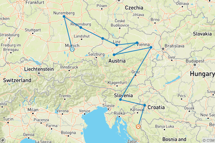 Carte du circuit Le Danube en profondeur avec Ljubljana et Zagreb 2027 - 14 jours (from Munich to Plitvica)