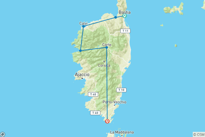 Karte von Korsika - GT20 Challenge mit dem Rennrad (8 Tage)