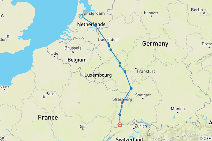 Carte du circuit Châteaux le long du Rhin & Amsterdam (2027) (Amsterdam à Bâle, 2027)