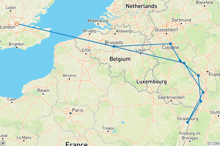 Mapa de Crucero por el Rin y el Mosela - Días 1 - 7 Colonia