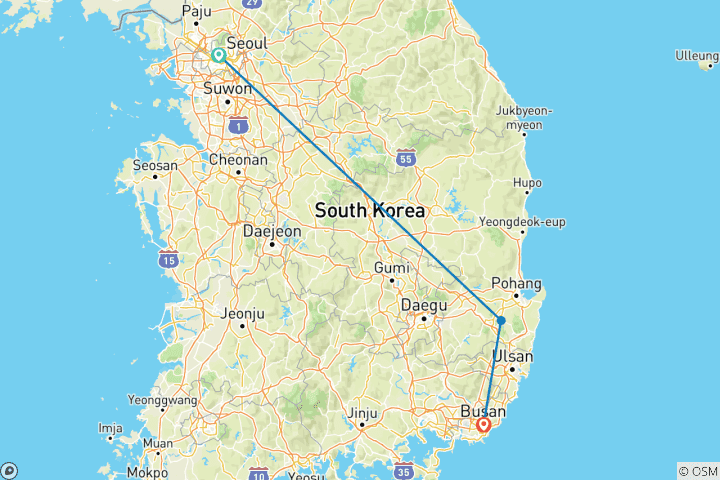 Karte von 7 Tage Südkorea Highlights-Private Familienreise mit 4-Sterne-Hotels (Keine Gruppe, anpassbar)