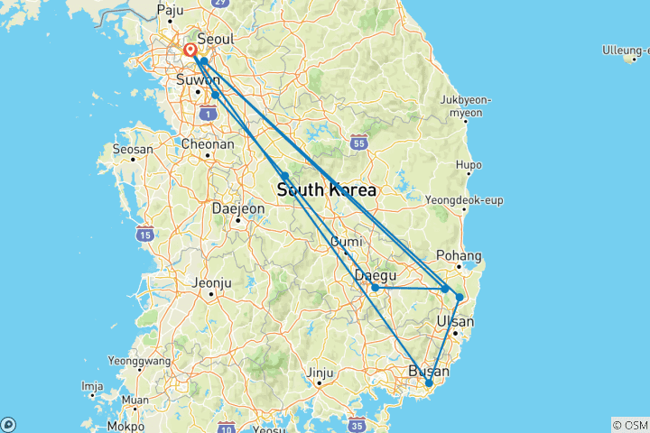 Mapa de Corea del Sur 8 días: Lo mejor de Seúl, Gyeongju y Busan