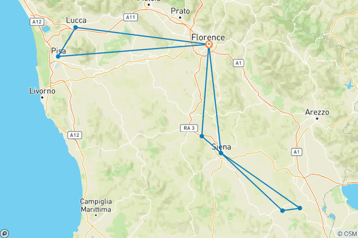 Kaart van Tuscany4You 2026: Onafhankelijke rondreis met gedeelde dagelijkse excursies