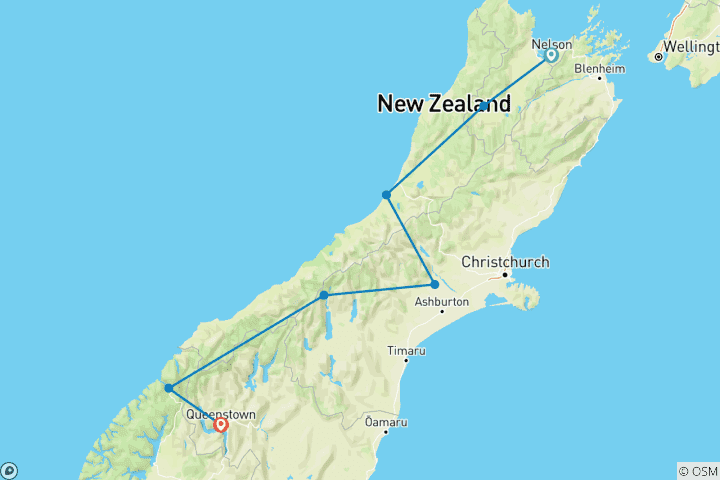 Map of New Zealand - Ultimate South Island (15 days)