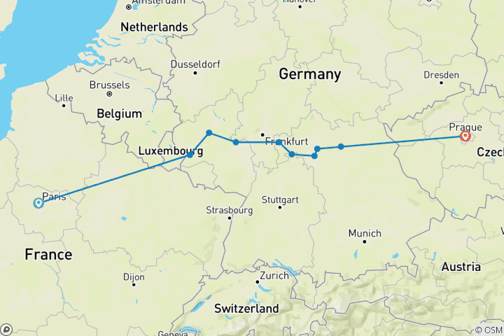 Carte du circuit Paris, Prague et les joyaux cachés de l'Allemagne (2027) (Paris à Prague, 2027)