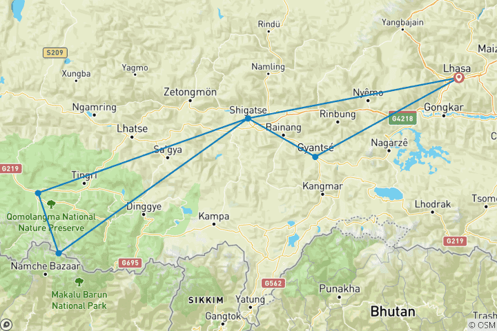 Map of 8 Days Tibet Small Group Tour: Lhasa to Mt. Everest Base Camp