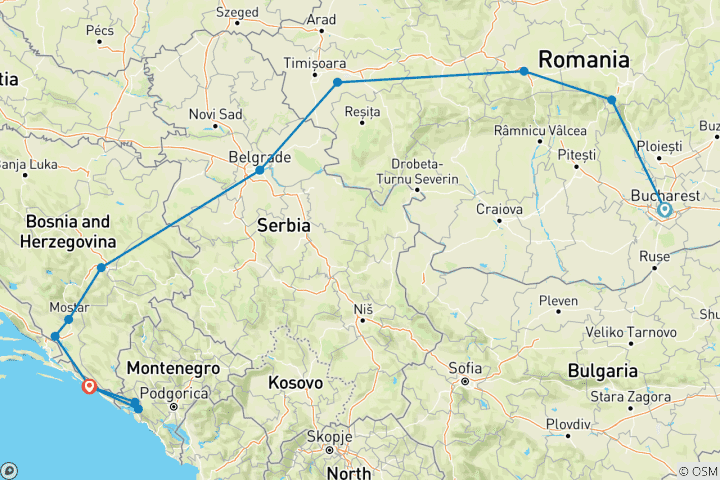 Carte du circuit De Dracula Transylvanie à l'Adriatique - Circuit en petit groupe, de Bucarest à Dubrovnik
