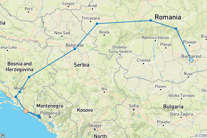 Carte du circuit De Dracula Transylvanie à l'Adriatique - Circuit en petit groupe, de Bucarest à Dubrovnik
