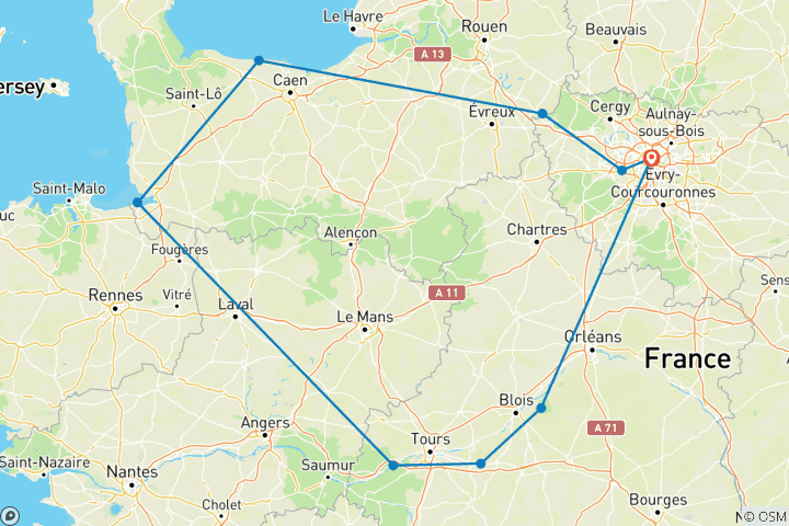 Kaart van Ultieme meerdaagse 8-daagse tour met 7 overnachtingen vanuit Parijs