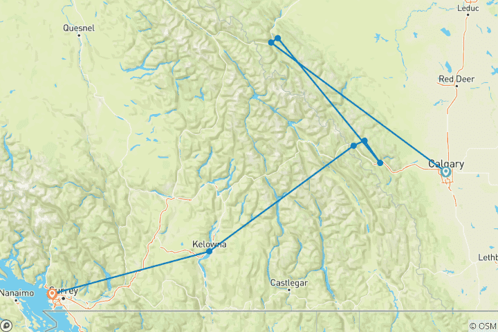 Map of 6-Day Rockies Tour from Calgary to Vancouver: Banff, Jasper & Lake Louise