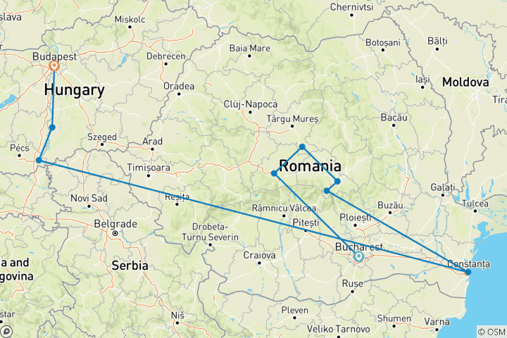 Carte du circuit Découverte du Bas-Danube avec la Transylvanie 2027 - 20 jours (from Bucarest to Budapest)