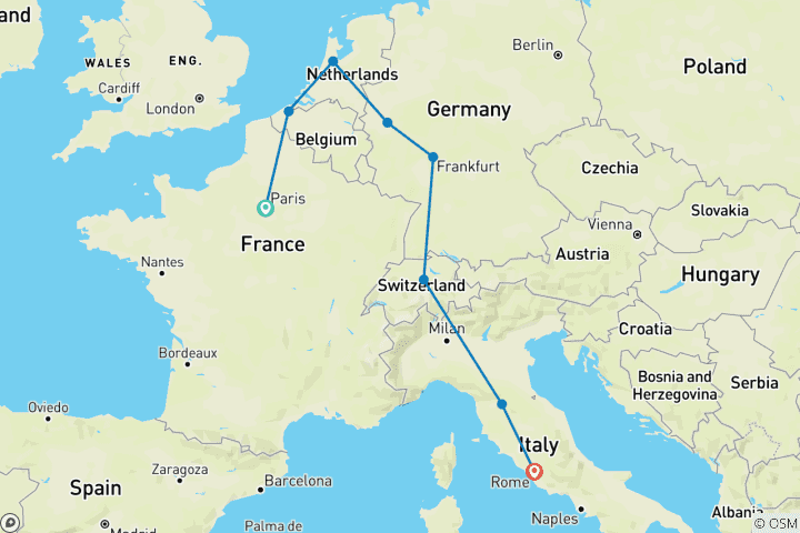 Map of Grand Tour of Europe: Six Countries of Western Europe