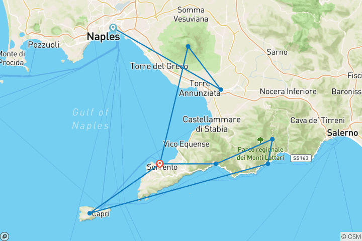 Carte du circuit 6 jours d'escapade à travers les merveilles de Pompéi, de la côte amalfitaine et de Capri