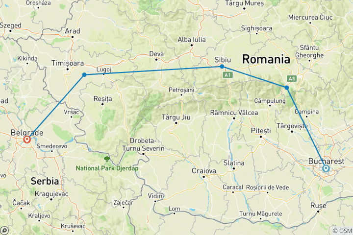 Kaart van Boekarest-Belgrado via Transsylvanië Kleine groepsreis - Heerlijke en gedenkwaardige reis door de Balkan